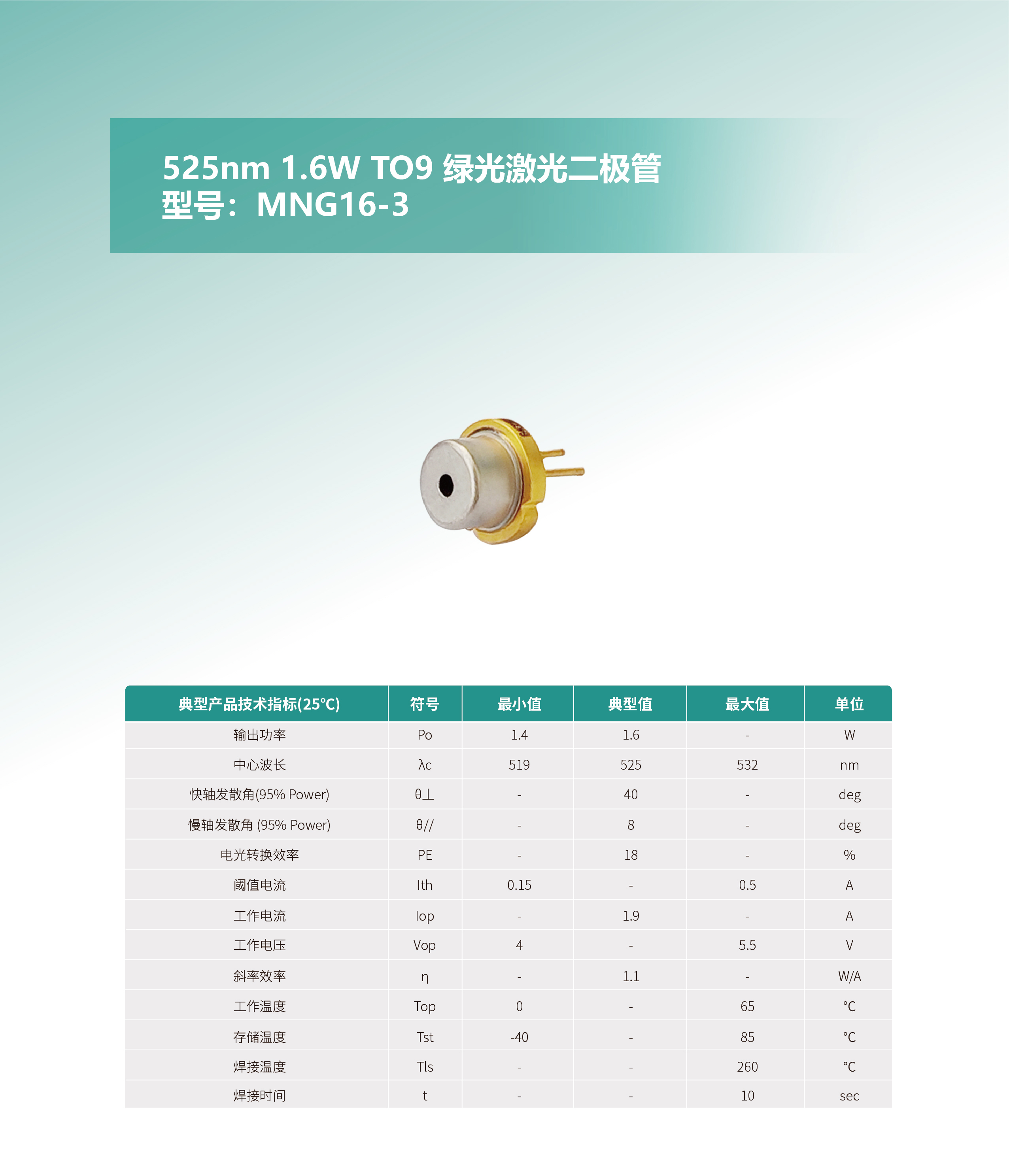 525nm 1.6W TO9 綠光激光二極管MNG16-3 網(wǎng)站